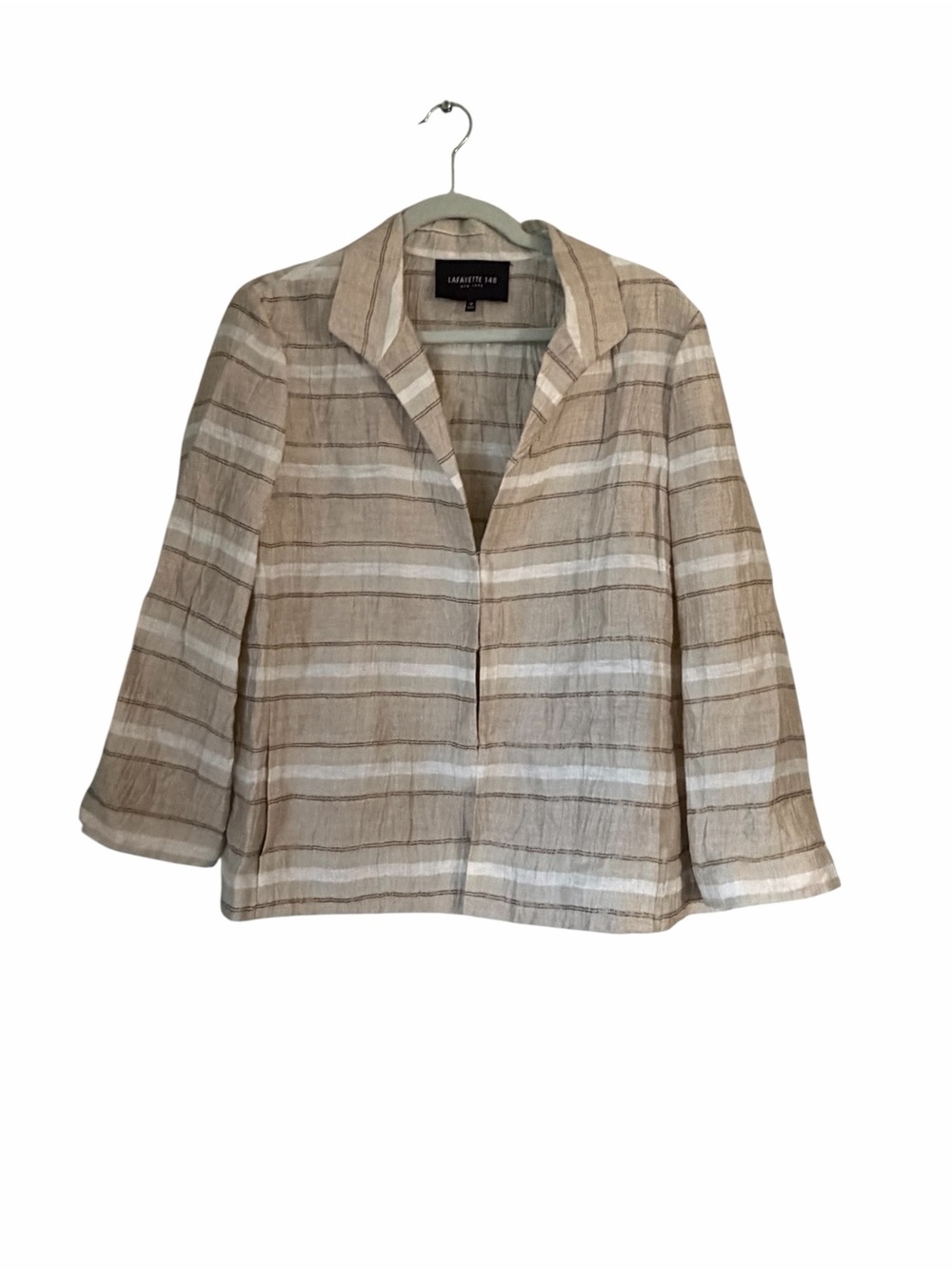 Lafayette 148 New York Striped Beige and White Open-Front Jacket